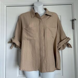 Joy Joy Relaxed Button-Front Shirt in Beige